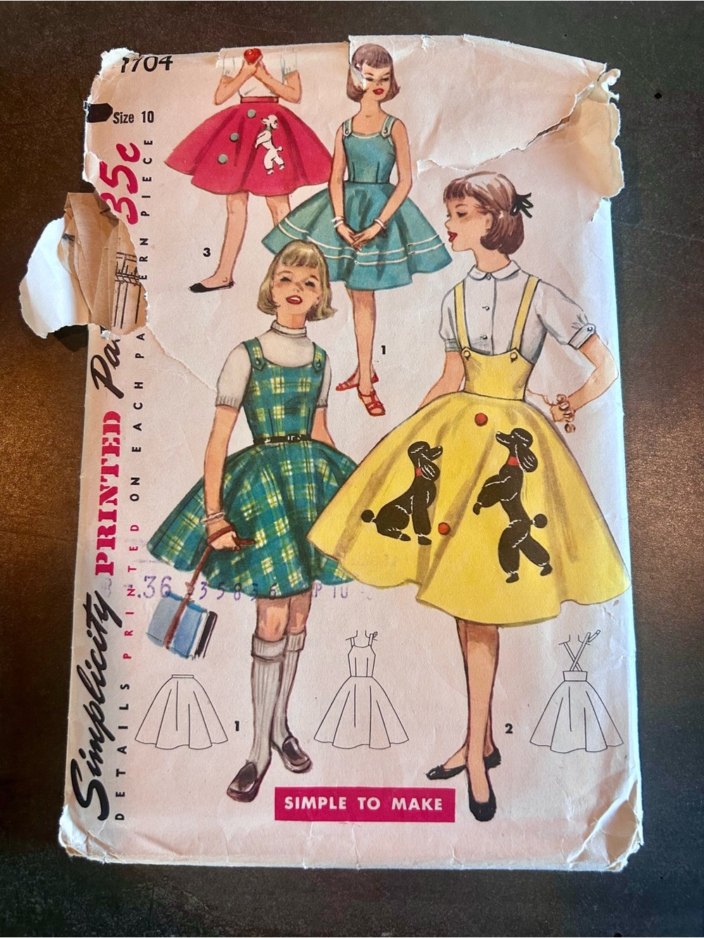 Vintage 1950s Simplicity 1704 Poodle Skirt Jumper Pattern Size 10 Cut Craft